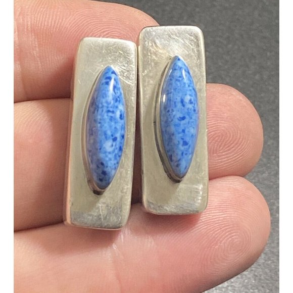Taxco 925 Blue Speckled Stone Geometric Earrings Post Pierced Signed TD-34 - Picture 1 of 5